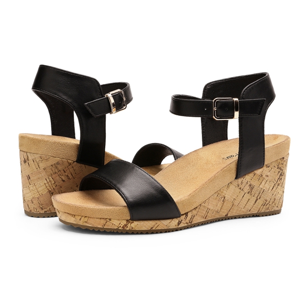 Buckle Platform Wedge Sandals - BLACK PU - 3